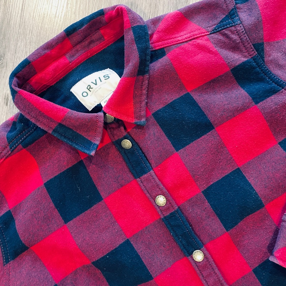 Orvis Red Navy Buffalo Check‎ Fleece Lined Flannel Shirt Snap Button XXL 1173730